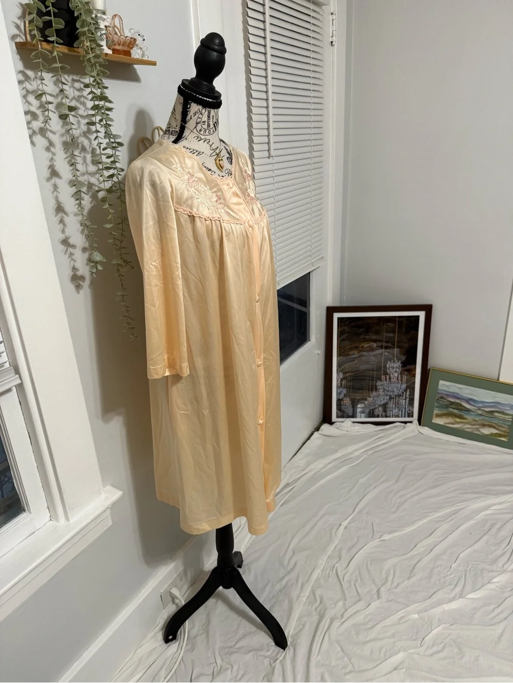 Women's Peach Embroidered Button-Front Nightgown